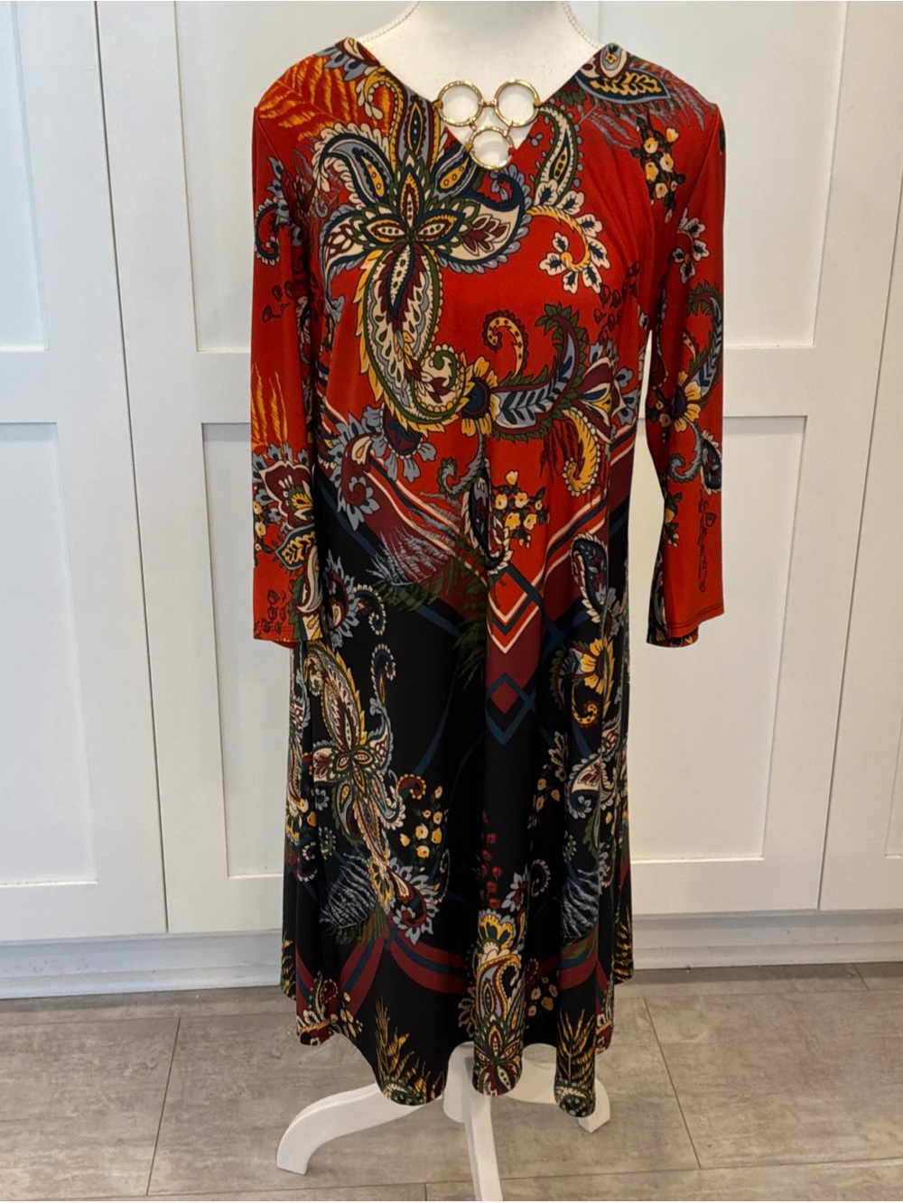 MSK Ladies Size M Dress Gold Ring Details Paisley Brown Orange Print 3/4 Sleeves